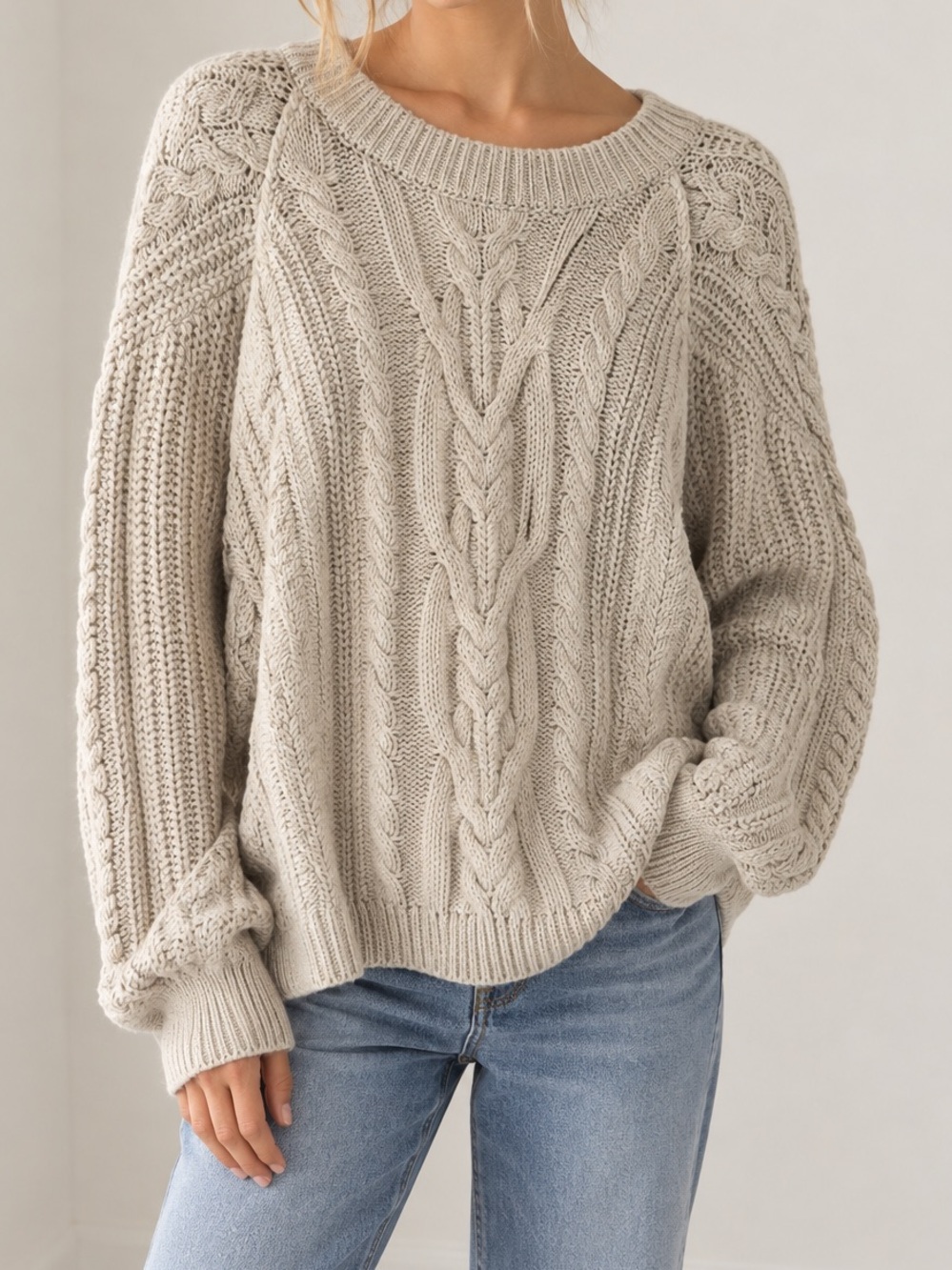 Free People Cream Cable Knit Crew Sweater - Picture 1 of 4